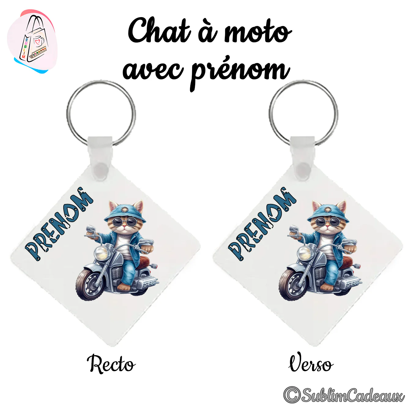 Porte-clés carré imprimé d'un chat à lunettes et bob en jean sur une moto, avec la mention Prénom