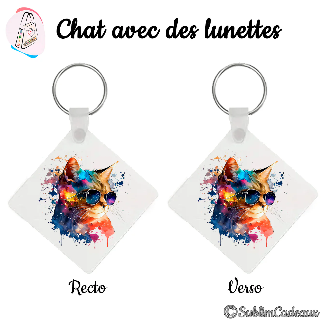 Porte-clés carré imprimé d'une tête de chat multicolore façon aquarelle, lunettes de soleil et éclaboussures