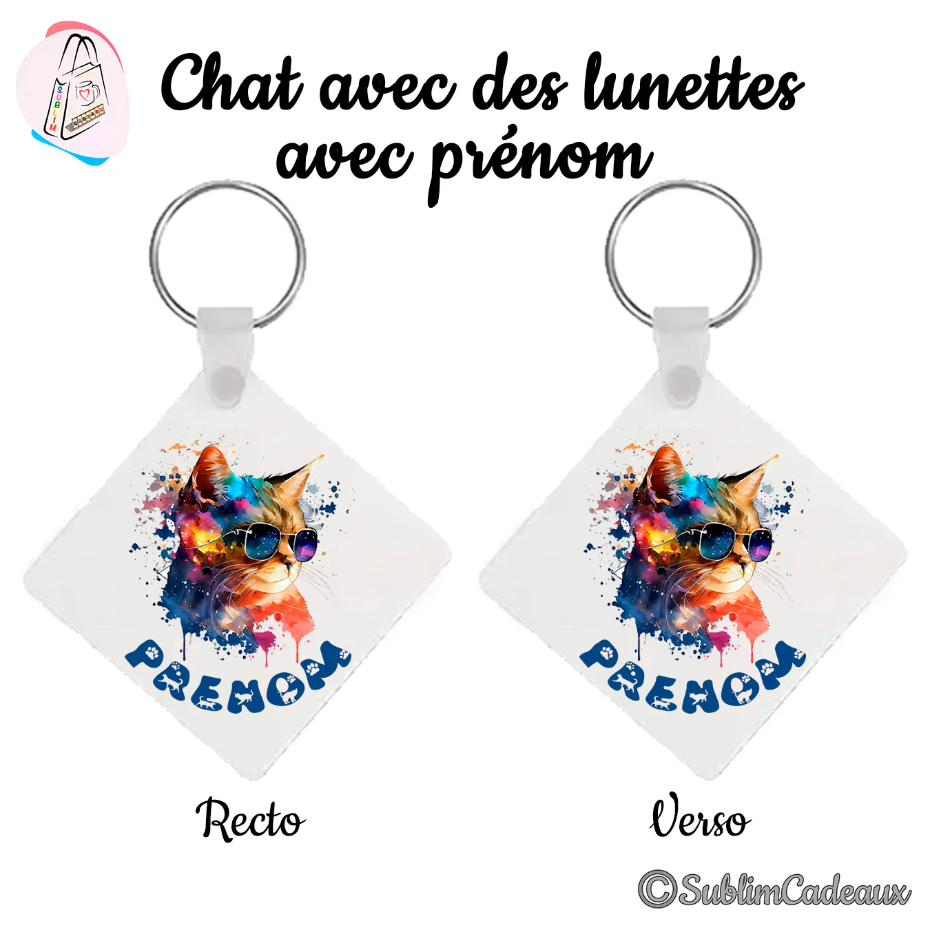 Porte-clés carré imprimé d'une tête de chat à lunettes de soleil façon aquarelle colorée, avec la mention Prénom