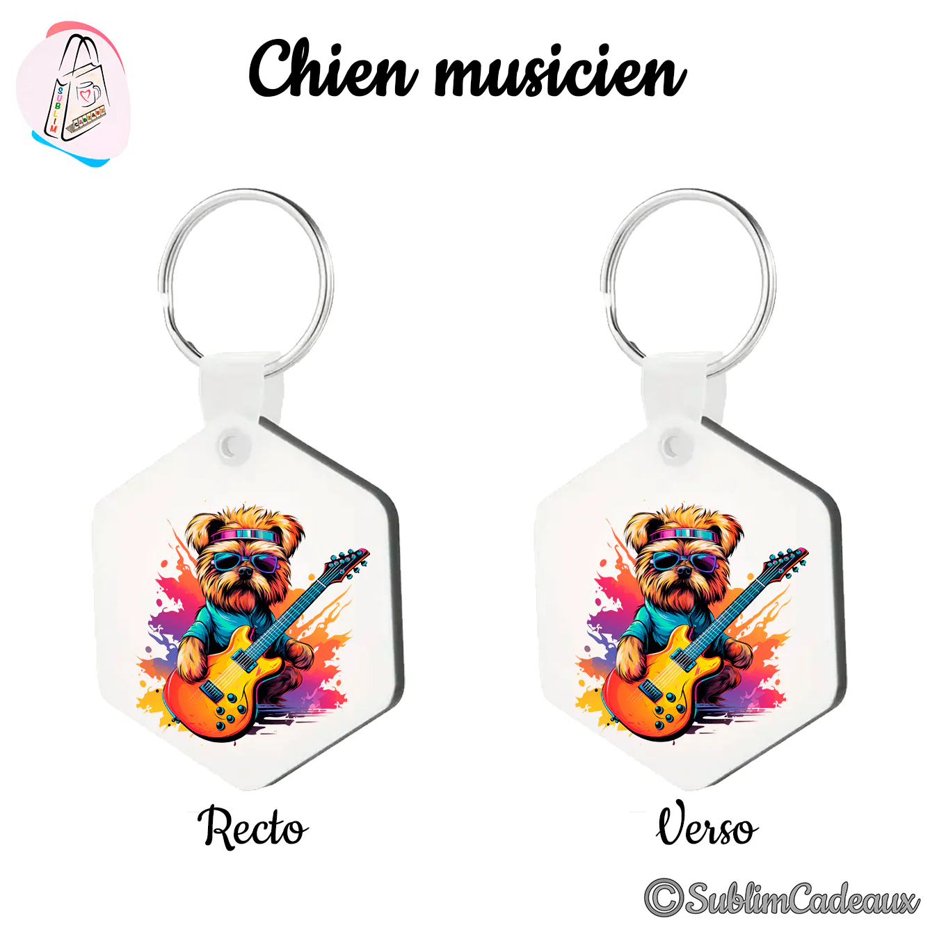 Porte-clés hexagonal imprimé d'un chien à lunettes et bandeau jouant d'une guitare électrique jaune et orange