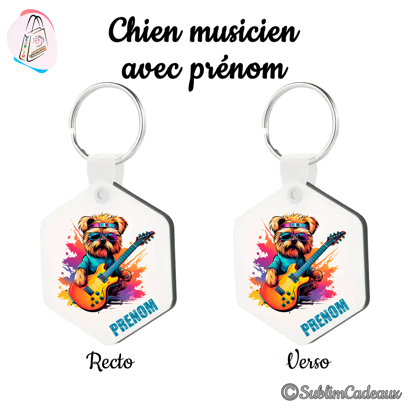 Porte-clés hexagonal imprimé d'un chien à lunettes jouant d'une guitare électrique jaune, avec la mention Prénom