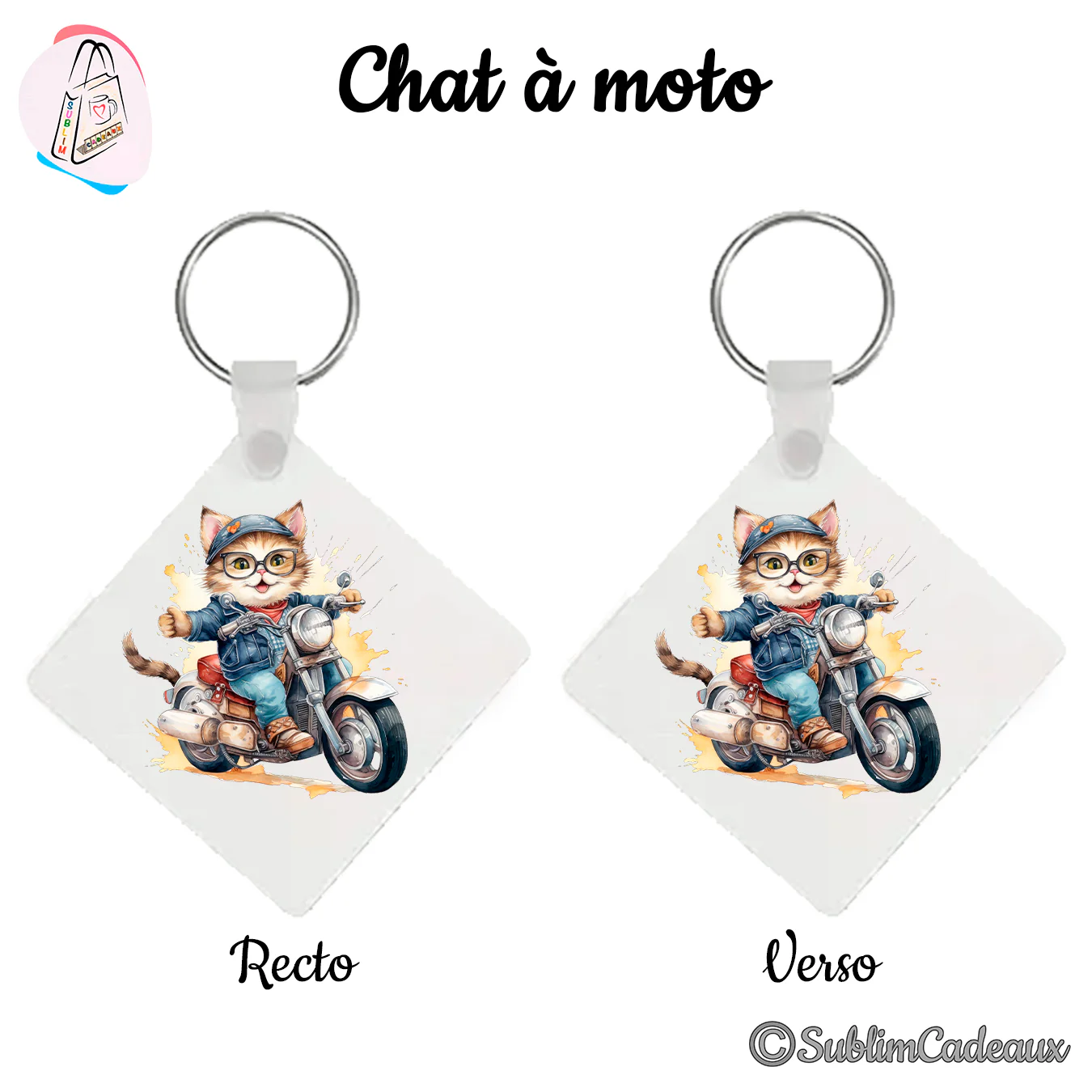 Porte-clés carré imprimé d'un chat à casquette et lunettes chevauchant une moto, style aquarelle