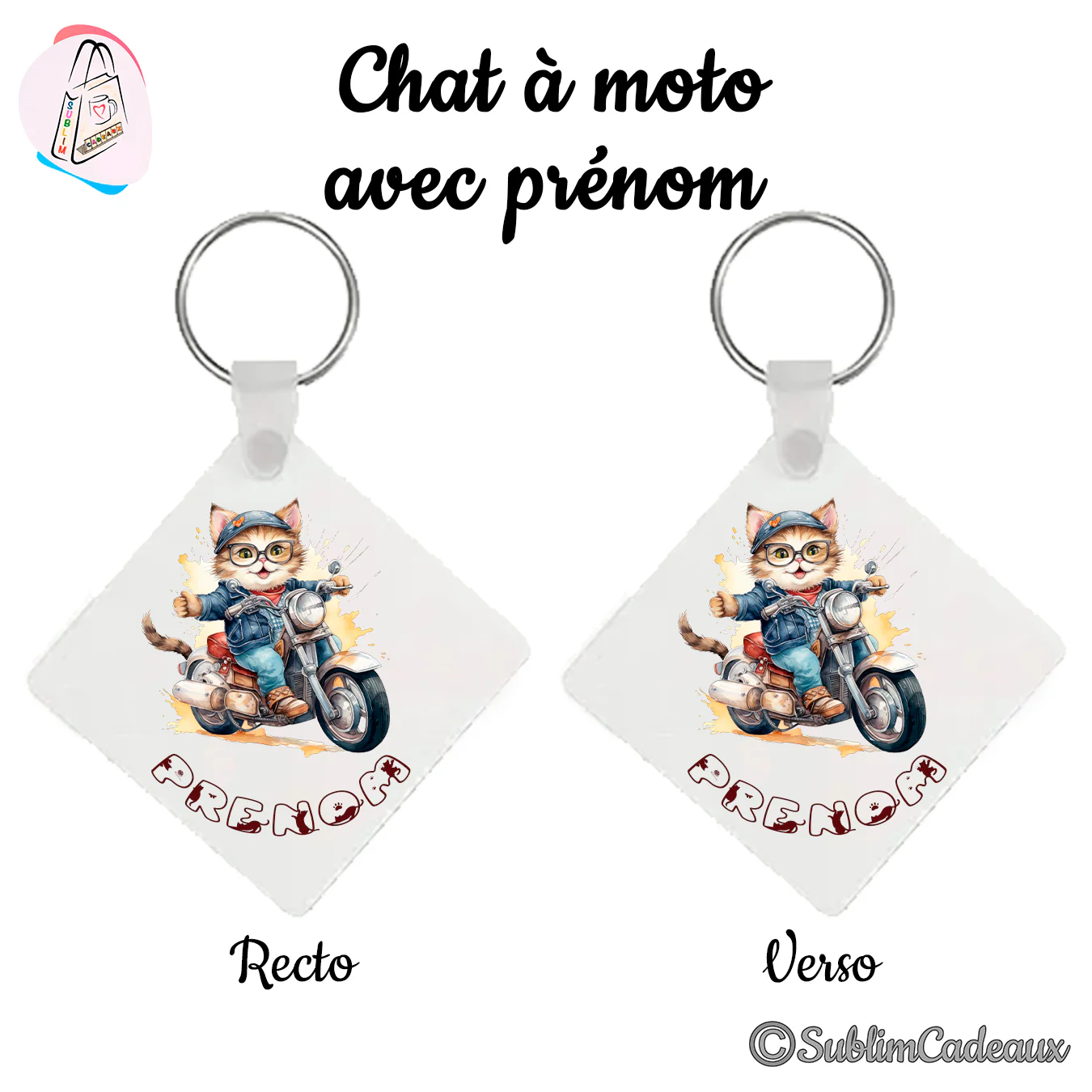 Porte-clés carré imprimé d'un chaton à casquette et lunettes en veste en jean sur une moto, éclats orange