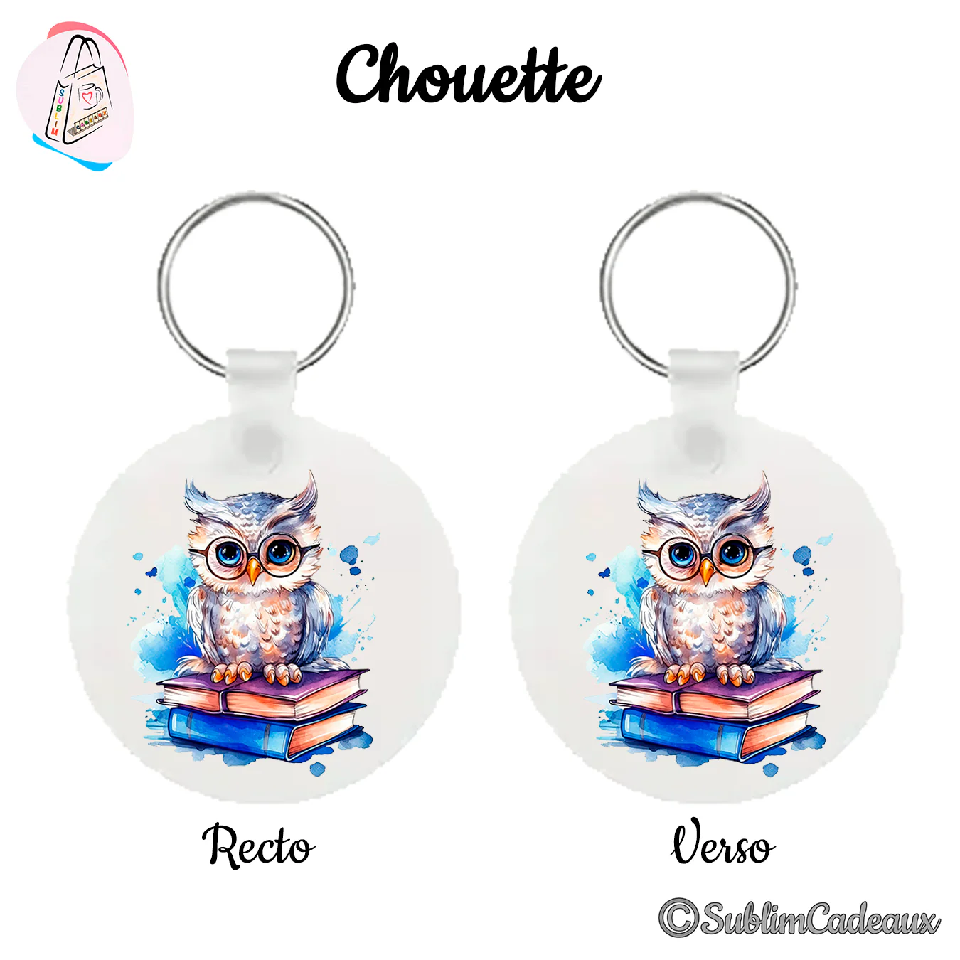 Porte-clés rond imprimé d'une chouette à lunettes perchée sur des livres colorés, aquarelle bleutée