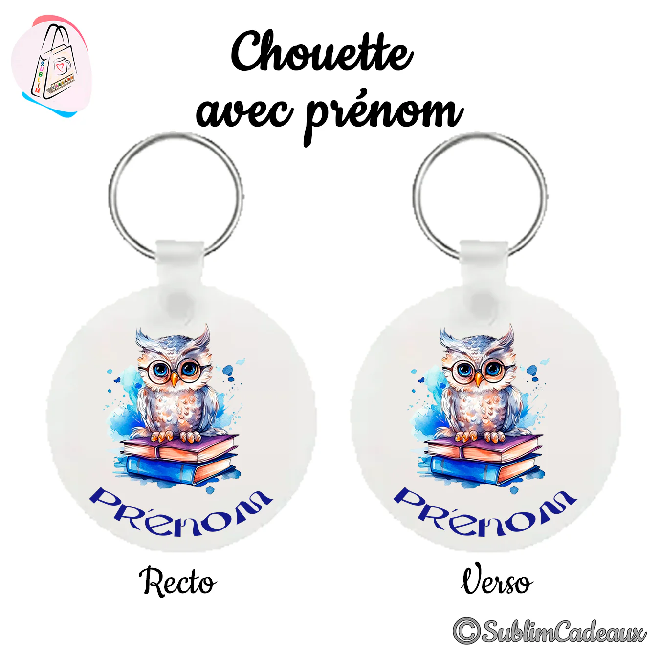 Porte-clés rond imprimé d'une chouette à lunettes perchée sur une pile de livres, aquarelle et éclats de bleu