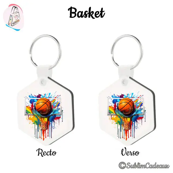 Porte-clés hexagonal imprimé d'un ballon de basket entrant dans un panier, éclaboussures multicolores