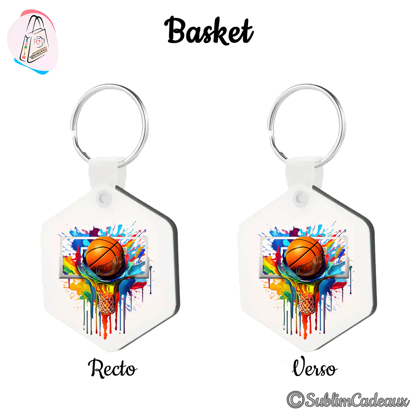 Porte-clés hexagonal imprimé d'un ballon de basket entrant dans un panier, éclaboussures multicolores