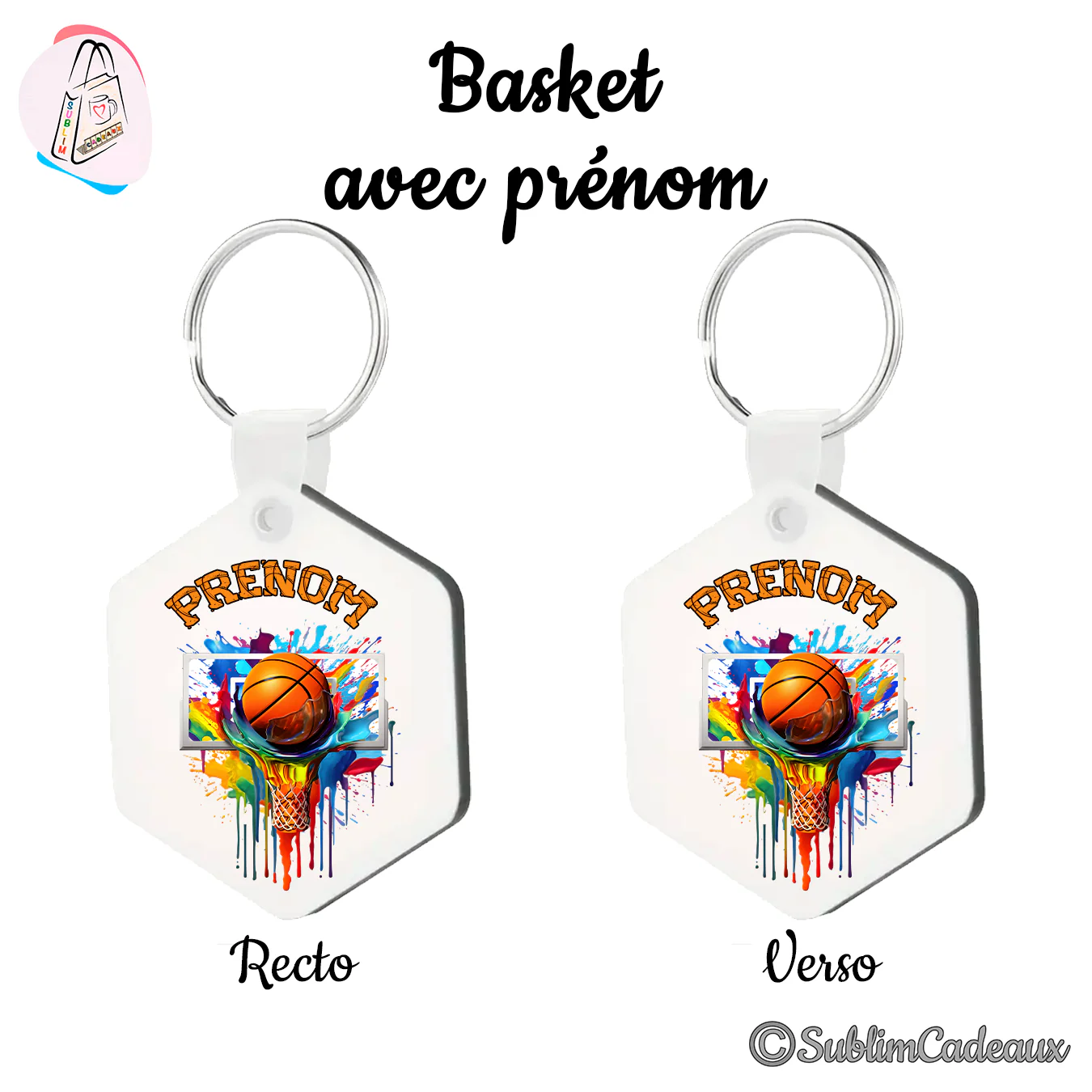 Porte-clés hexagonal imprimé d'un ballon de basket dans un panier, éclaboussures de peinture multicolores