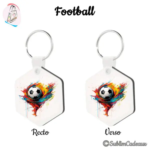 Porte-clés hexagonal imprimé d'un ballon de football entouré d'éclaboussures de peinture colorées