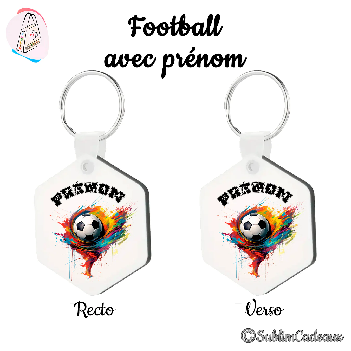 Porte-clés hexagonal imprimé d'un ballon de football cerné d'éclaboussures de peinture colorées