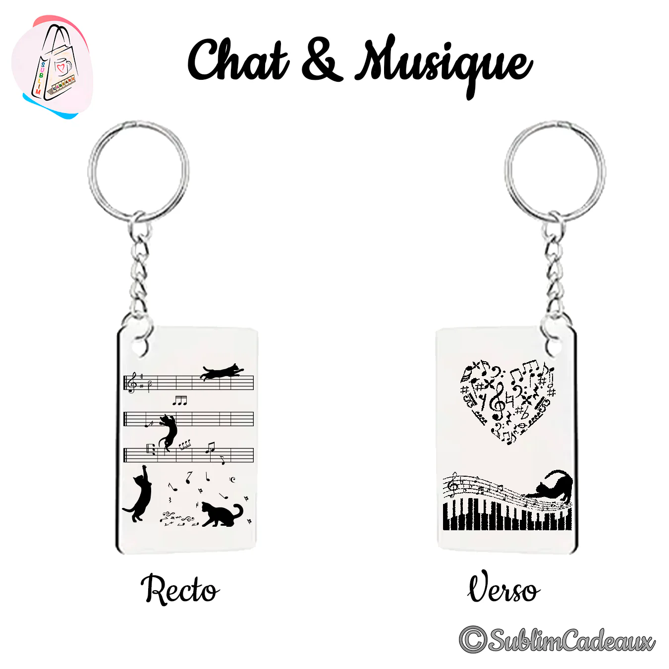 Porte-clés rectangulaire en métal gravé de chats sur une portée musicale et d'un cœur de notes