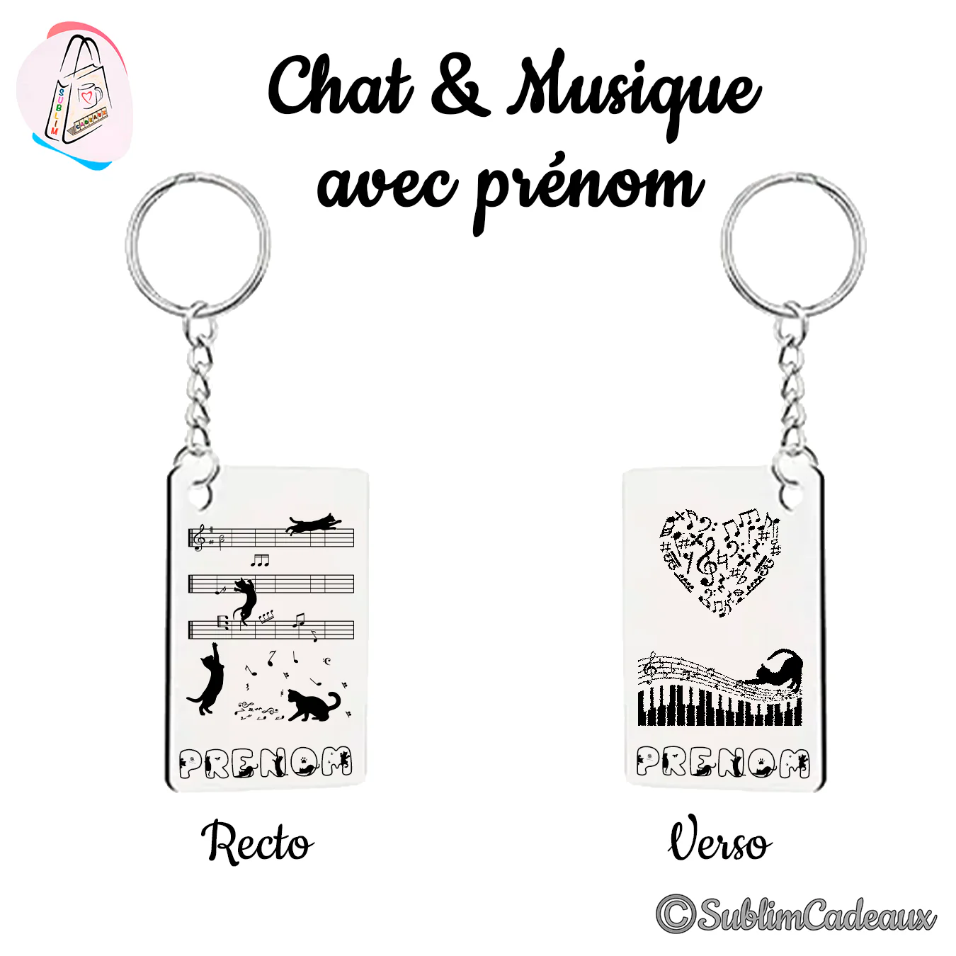 Porte-clés rectangulaire imprimé en noir de chats jouant sur une portée musicale et d'un cœur de notes