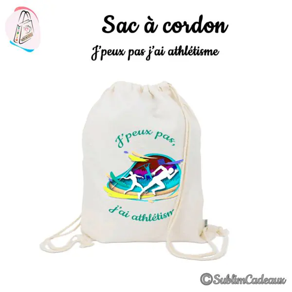 Sac à cordon en coton naturel imprimé de deux coureurs, texte J'peux pas j'ai athlétisme