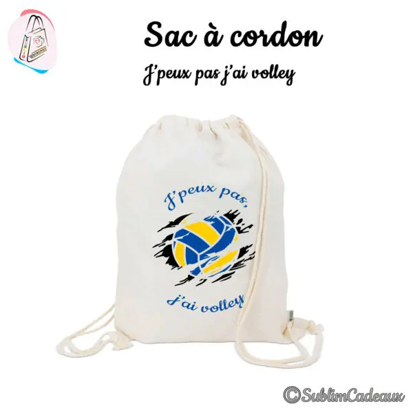Sac à cordon en coton naturel imprimé d'un ballon de volley bleu et jaune, texte J'peux pas j'ai volley