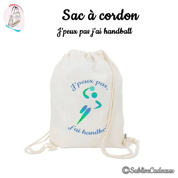 Sac à cordon en coton naturel imprimé d'un handballeur stylisé vert et bleu, texte J'peux pas j'ai handball