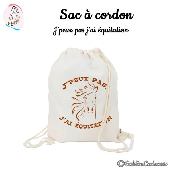 Sac à cordon en coton naturel imprimé d'une tête de cheval brune, texte J'peux pas j'ai équitation