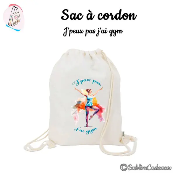 Sac à cordon en coton naturel imprimé d'une femme en posture de gym, aquarelle colorée, texte J'peux pas j'ai gym