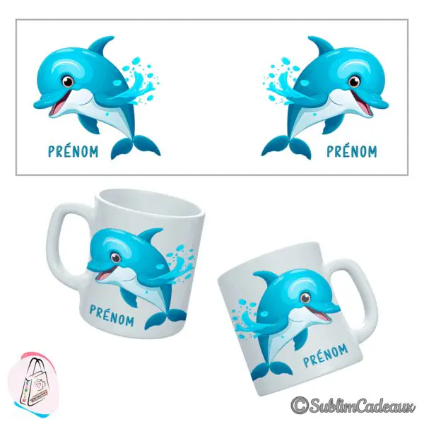 Mug en céramique blanche imprimé d'un dauphin bleu souriant entouré d'éclaboussures d'eau