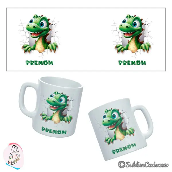Mug en céramique blanche imprimé d'un petit dinosaure vert aux yeux bleus surgissant d'un mur fissuré