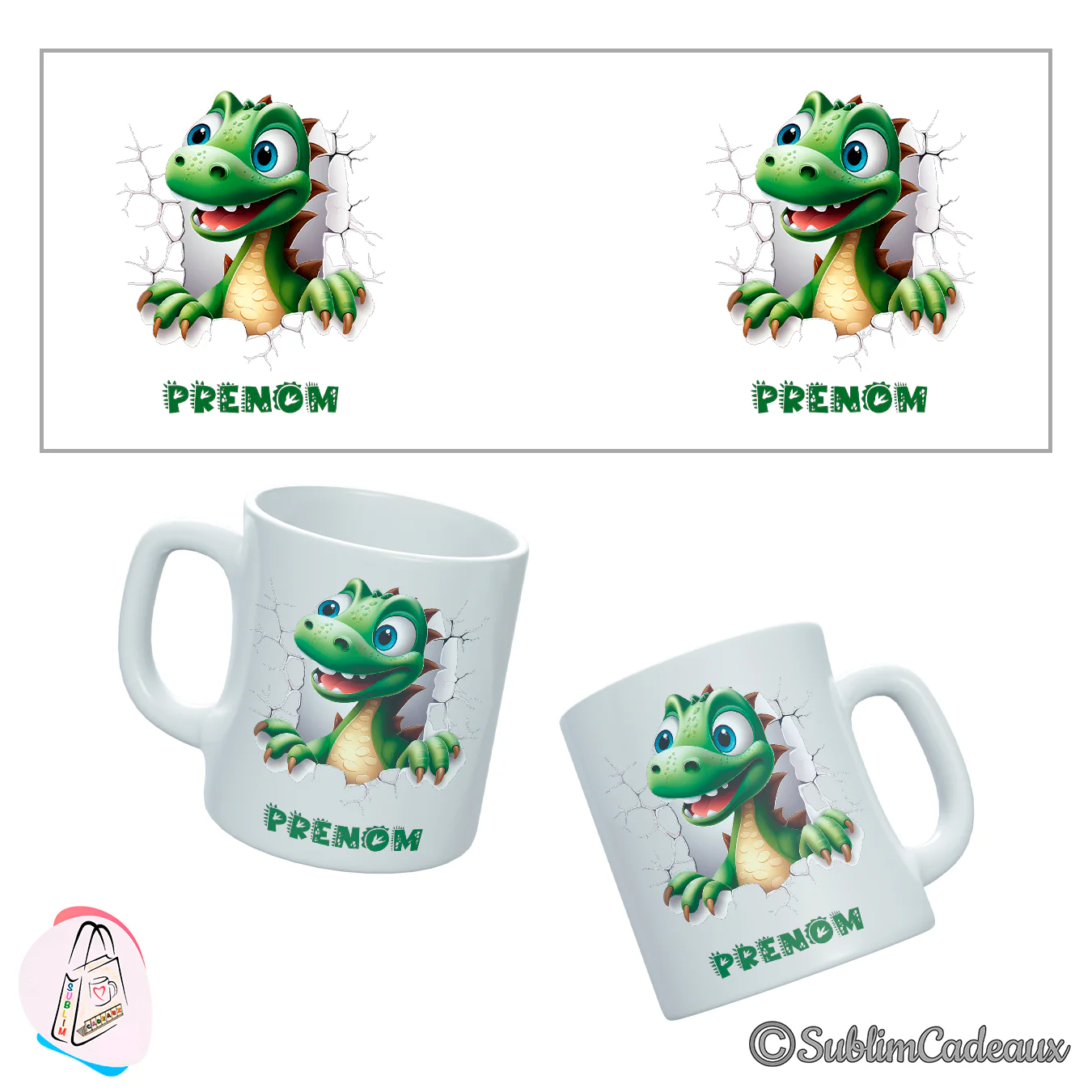 Mug en céramique blanche imprimé d'un petit dinosaure vert aux yeux bleus surgissant d'un mur fissuré