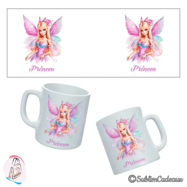 Mug en céramique orné d'une fée aux longs cheveux blonds et ailes de papillon roses et violettes
