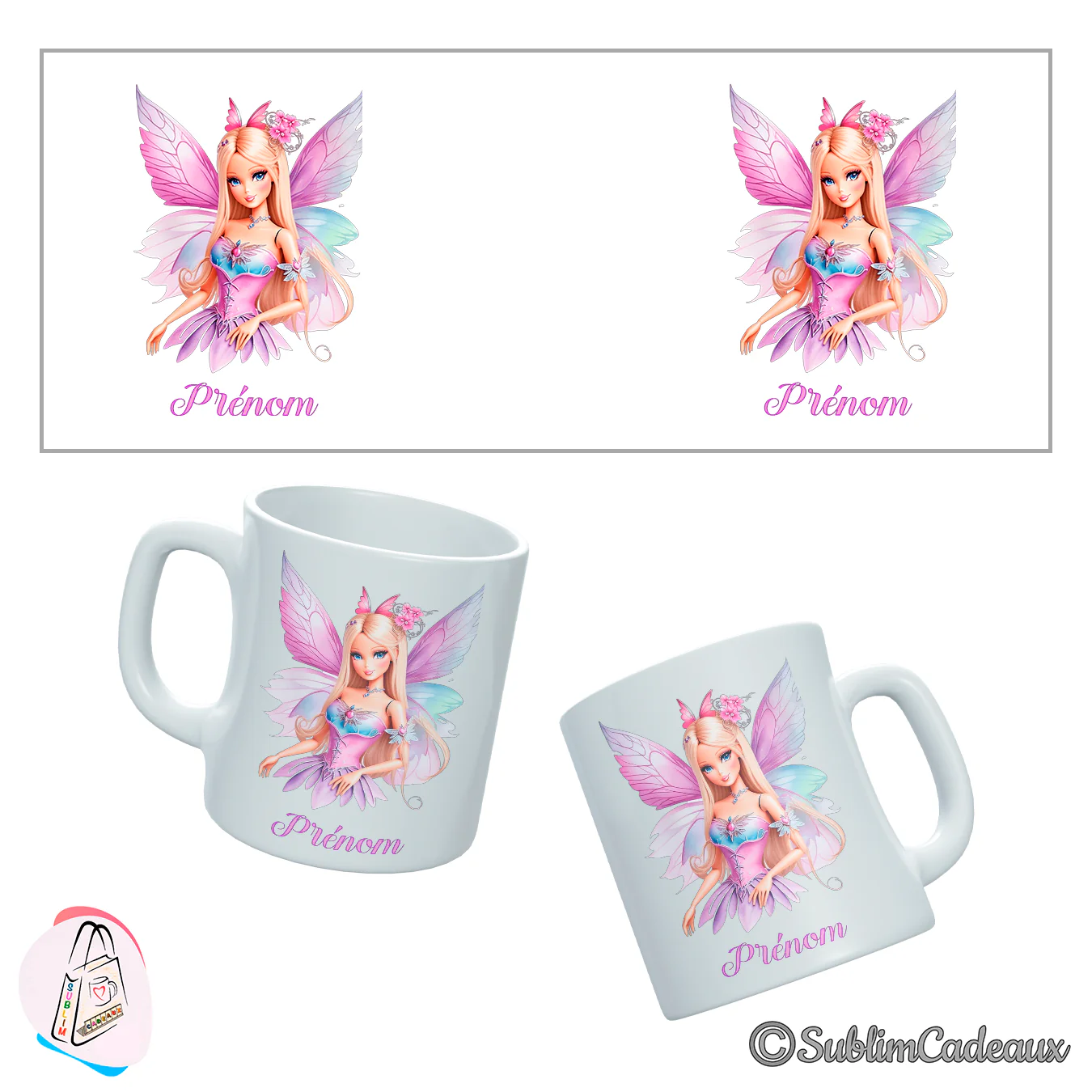 Mug en céramique orné d'une fée aux longs cheveux blonds et ailes de papillon roses et violettes