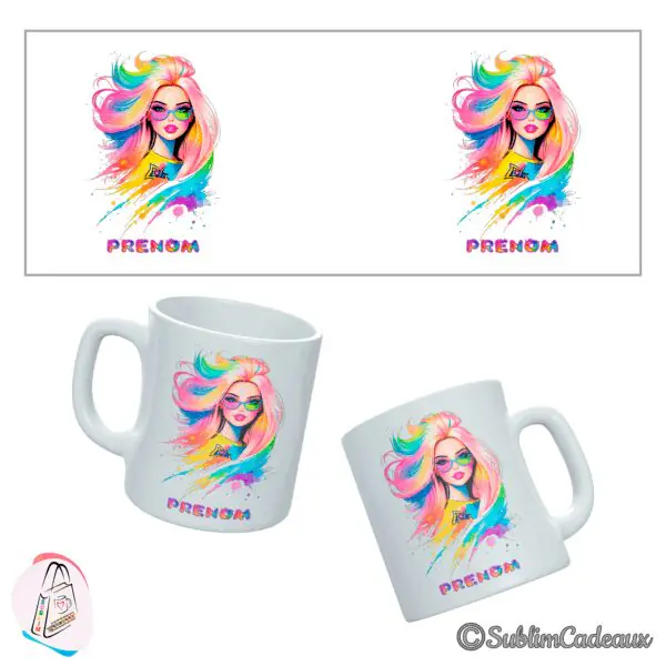 Mug en céramique imprimé du portrait d'une jeune femme à la chevelure arc-en-ciel et lunettes de soleil colorées