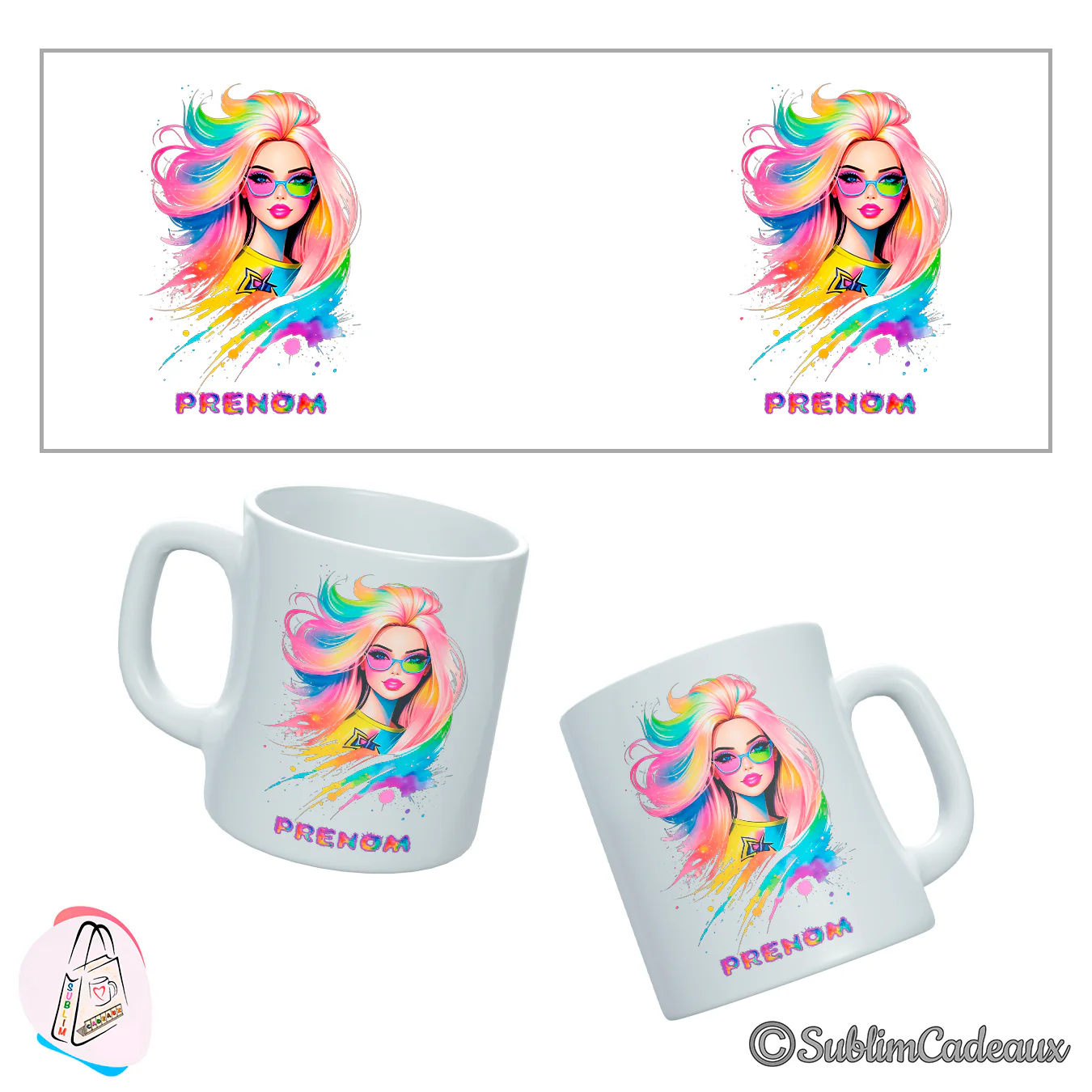 Mug en céramique imprimé du portrait d'une jeune femme à la chevelure arc-en-ciel et lunettes de soleil colorées