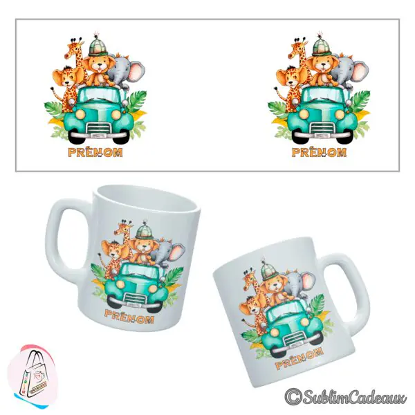 Mug blanc en céramique imprimé d'animaux de la savane en voiture turquoise, girafe, lionceau et éléphant