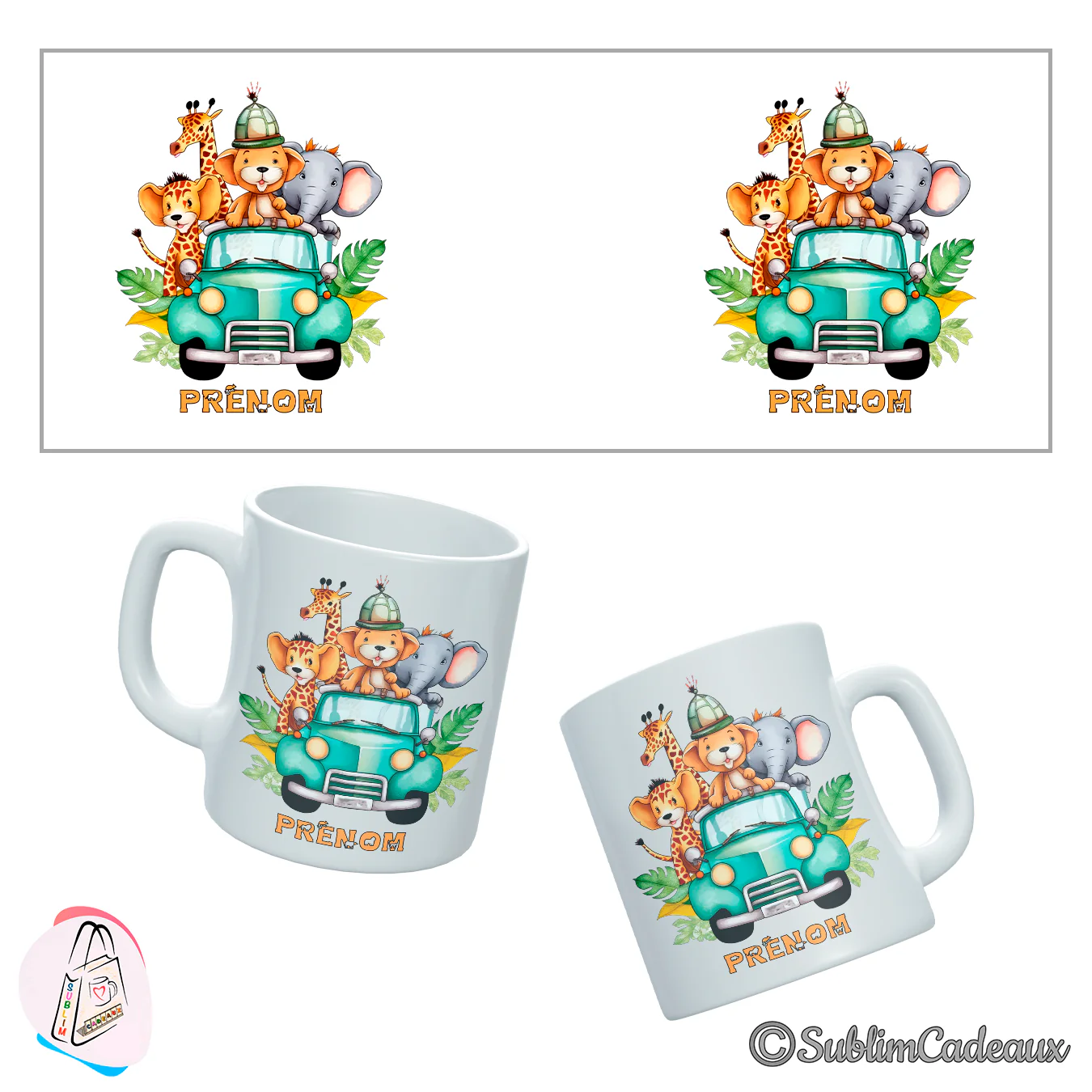 Mug blanc en céramique imprimé d'animaux de la savane en voiture turquoise, girafe, lionceau et éléphant