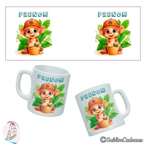 Mug en céramique imprimé d'un bébé singe à la casquette orange tenant un pot de fleurs, feuillage vert