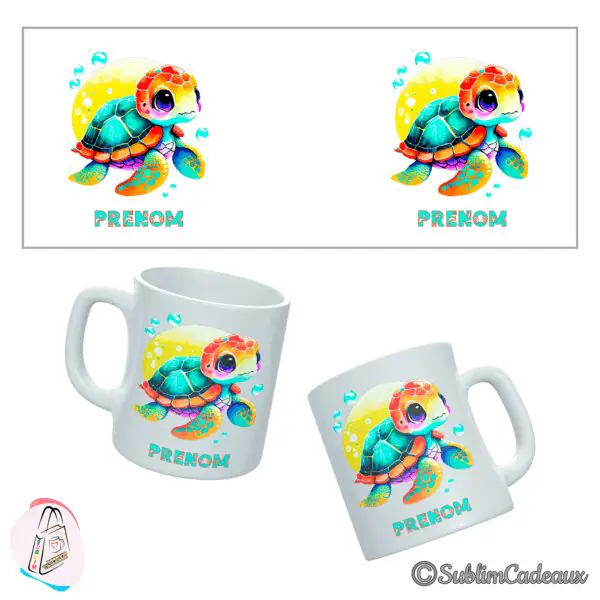 Mug blanc en céramique imprimé d'une petite tortue de mer aux couleurs vives et grands yeux, décor de bulles