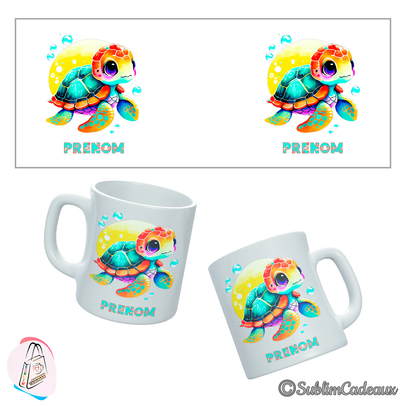 Mug blanc en céramique imprimé d'une petite tortue de mer aux couleurs vives et grands yeux, décor de bulles