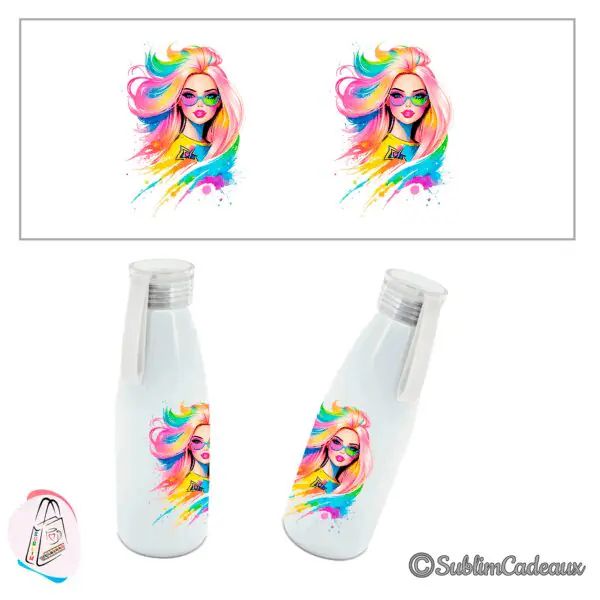 Bouteille isotherme blanche imprimée du portrait d'une jeune femme aux cheveux arc-en-ciel et lunettes de soleil