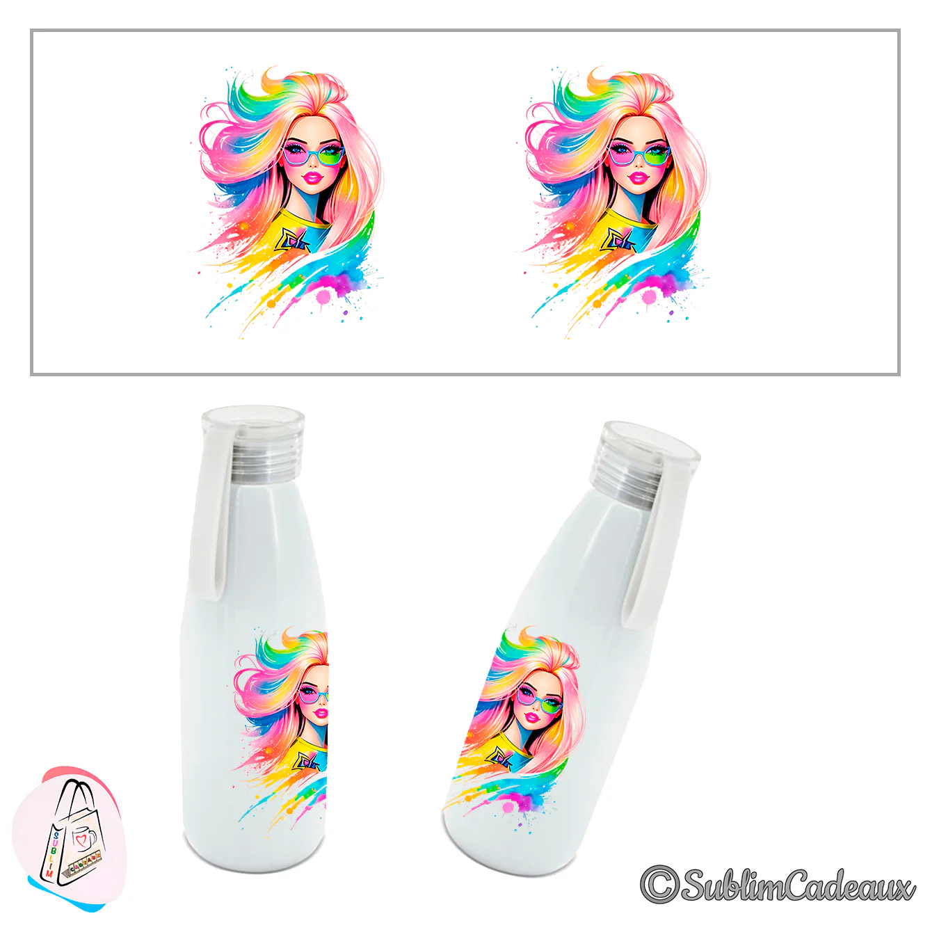 Bouteille isotherme blanche imprimée du portrait d'une jeune femme aux cheveux arc-en-ciel et lunettes de soleil