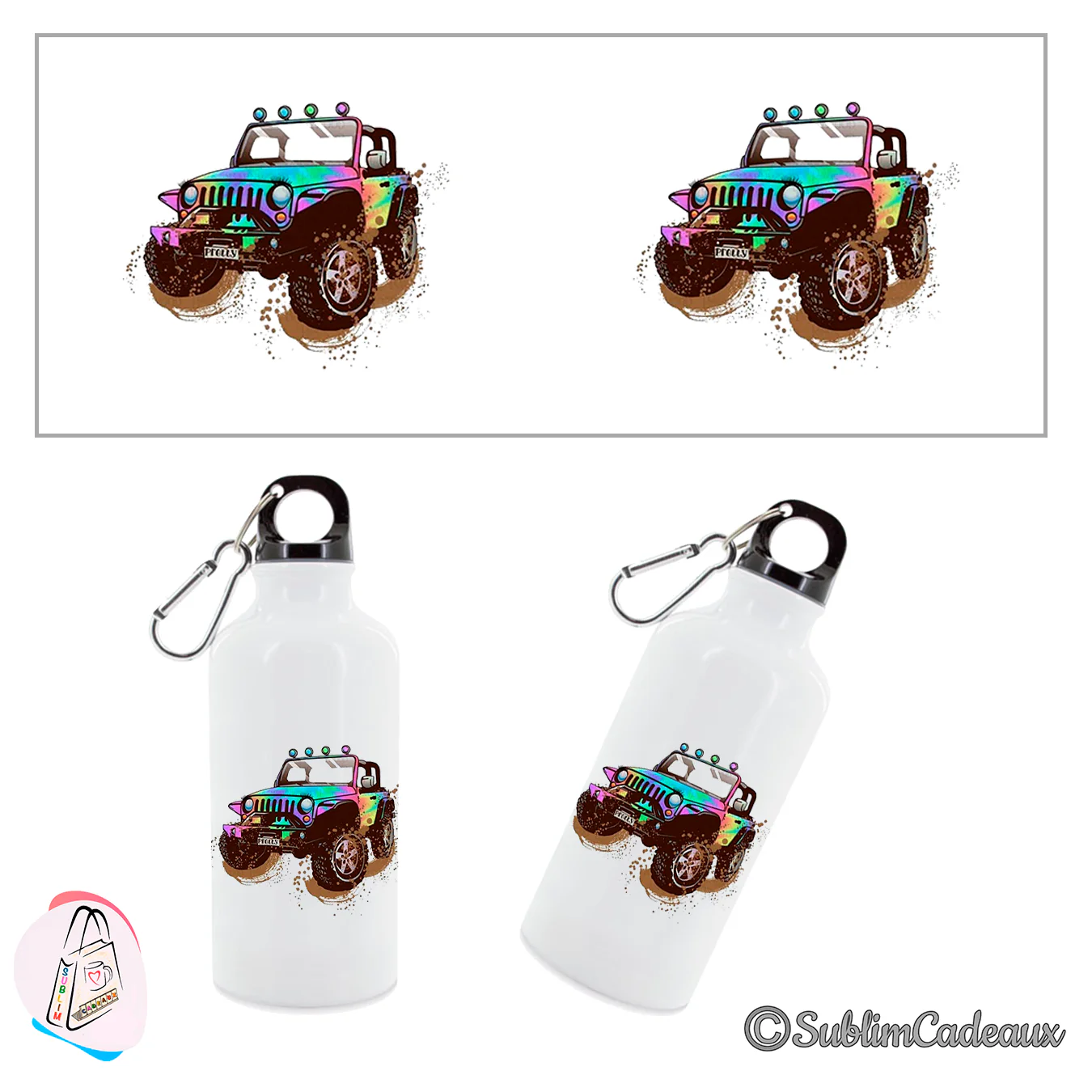 Bouteille isotherme blanche à mousqueton imprimée d'un 4x4 tout-terrain multicolore projetant de la boue