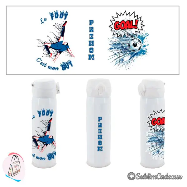 Bouteille isotherme blanche imprimée d'un footballeur bleu en retourné acrobatique et d'un ballon, motif Goal