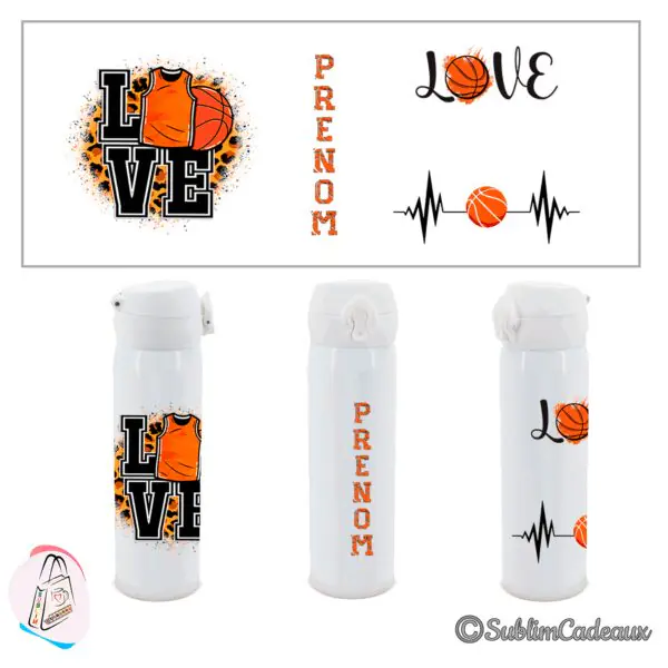 Bouteille isotherme blanche imprimée sur le thème du basket, inscription Love avec ballon orange et maillot