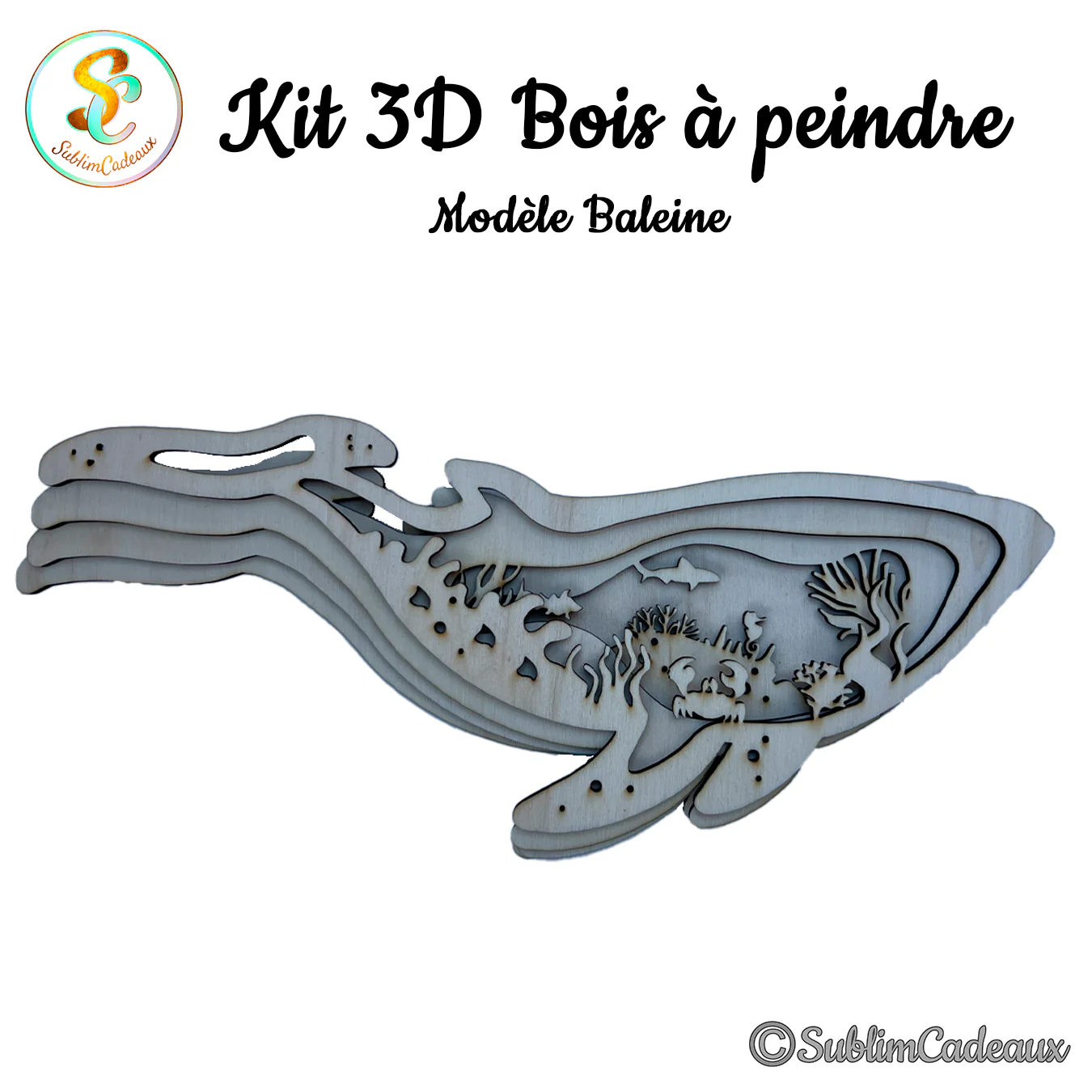 Kit 3D en bois découpé au laser en forme de baleine, couches superposées formant un décor marin, bois brut