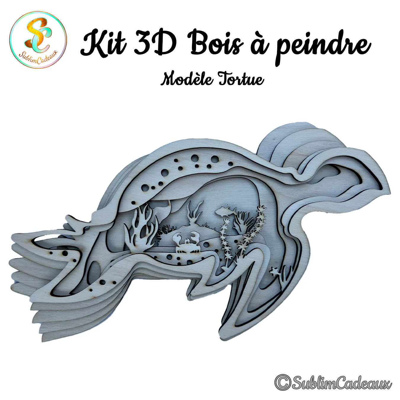 Kit 3D en bois découpé au laser en forme de tortue marine, couches révélant un fond marin, bois brut