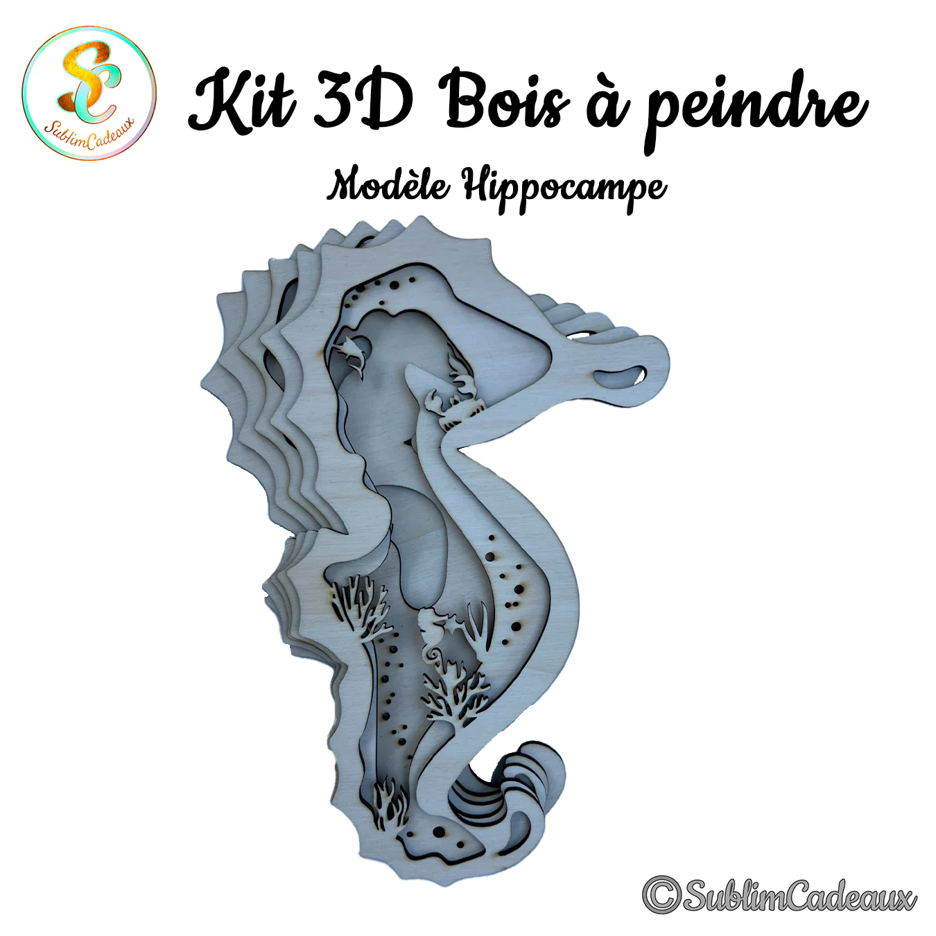 Kit 3D en bois découpé au laser en forme d'hippocampe, couches superposées avec coraux, bois clair à peindre