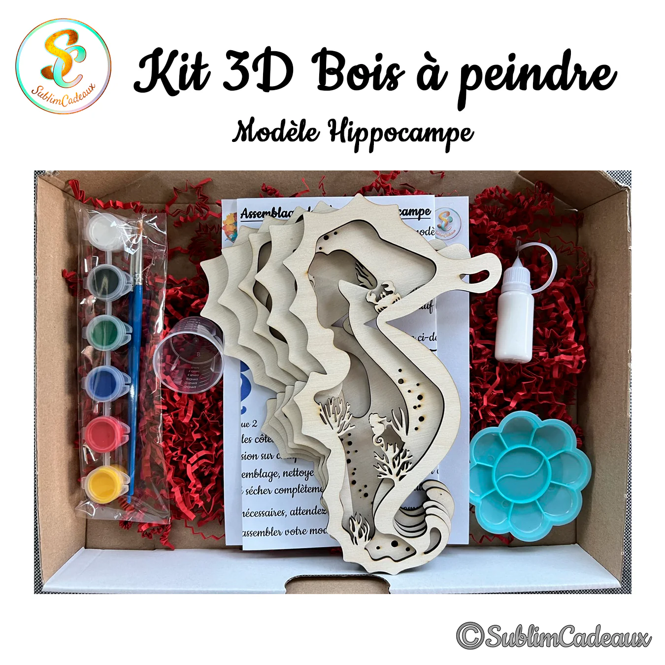 Loisir créatif en bois à peindre en forme d'hippocampe découpé au laser, livré avec peinture, pinceau et palette