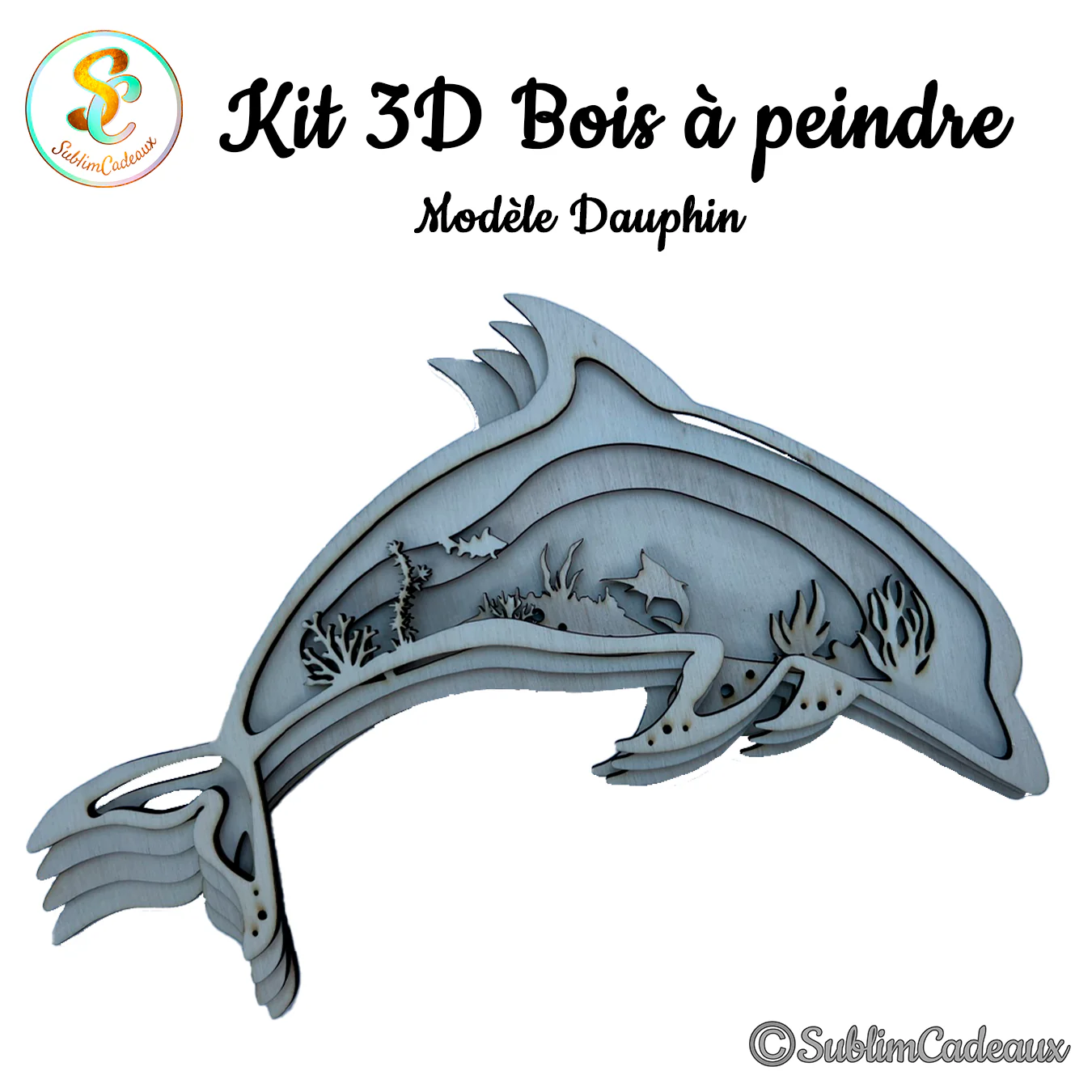 Kit 3D en bois découpé au laser en forme de dauphin bondissant, décor sous-marin en couches, bois brut