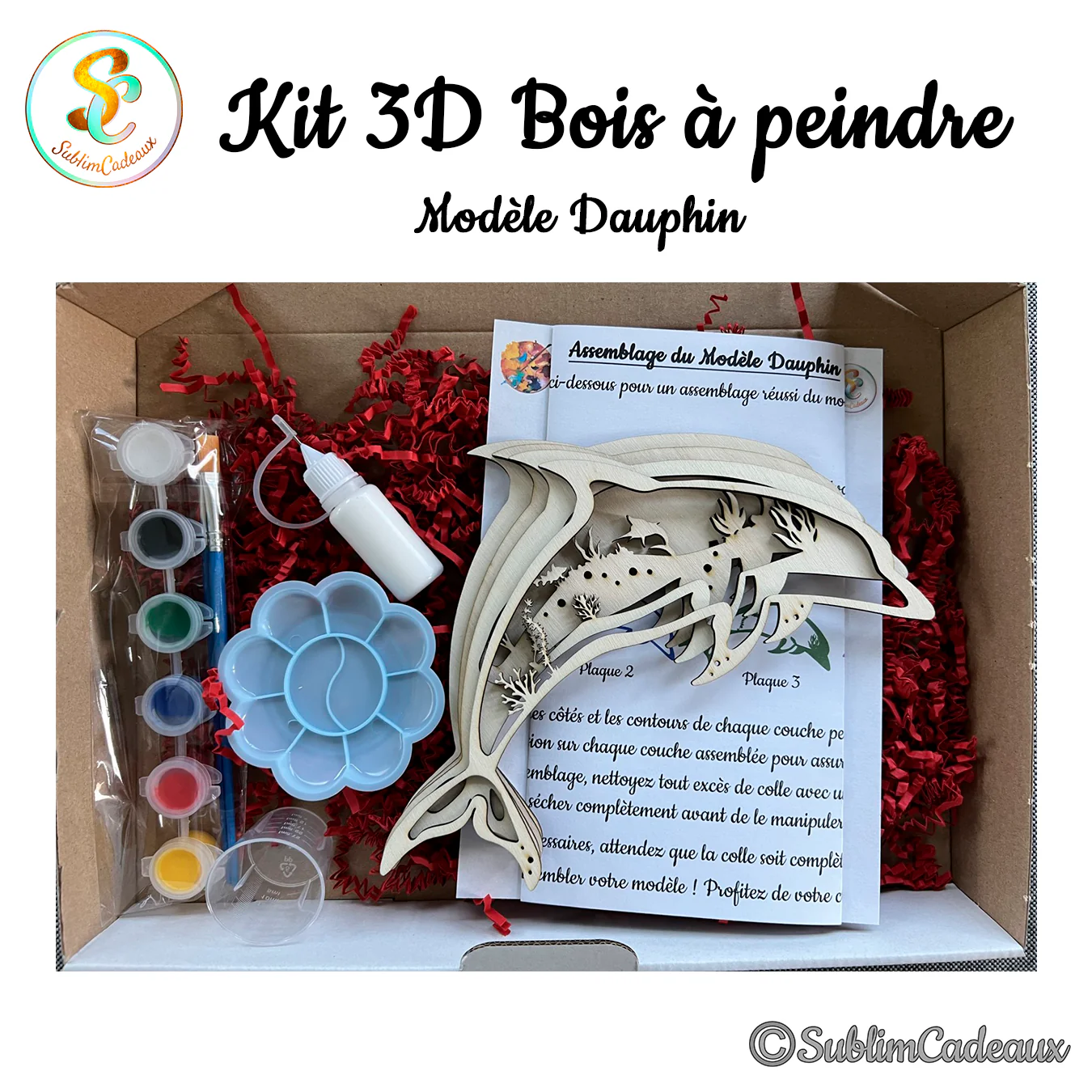 Kit de bricolage en bois à peindre représentant un dauphin bondissant découpé au laser, peinture et pinceau inclus