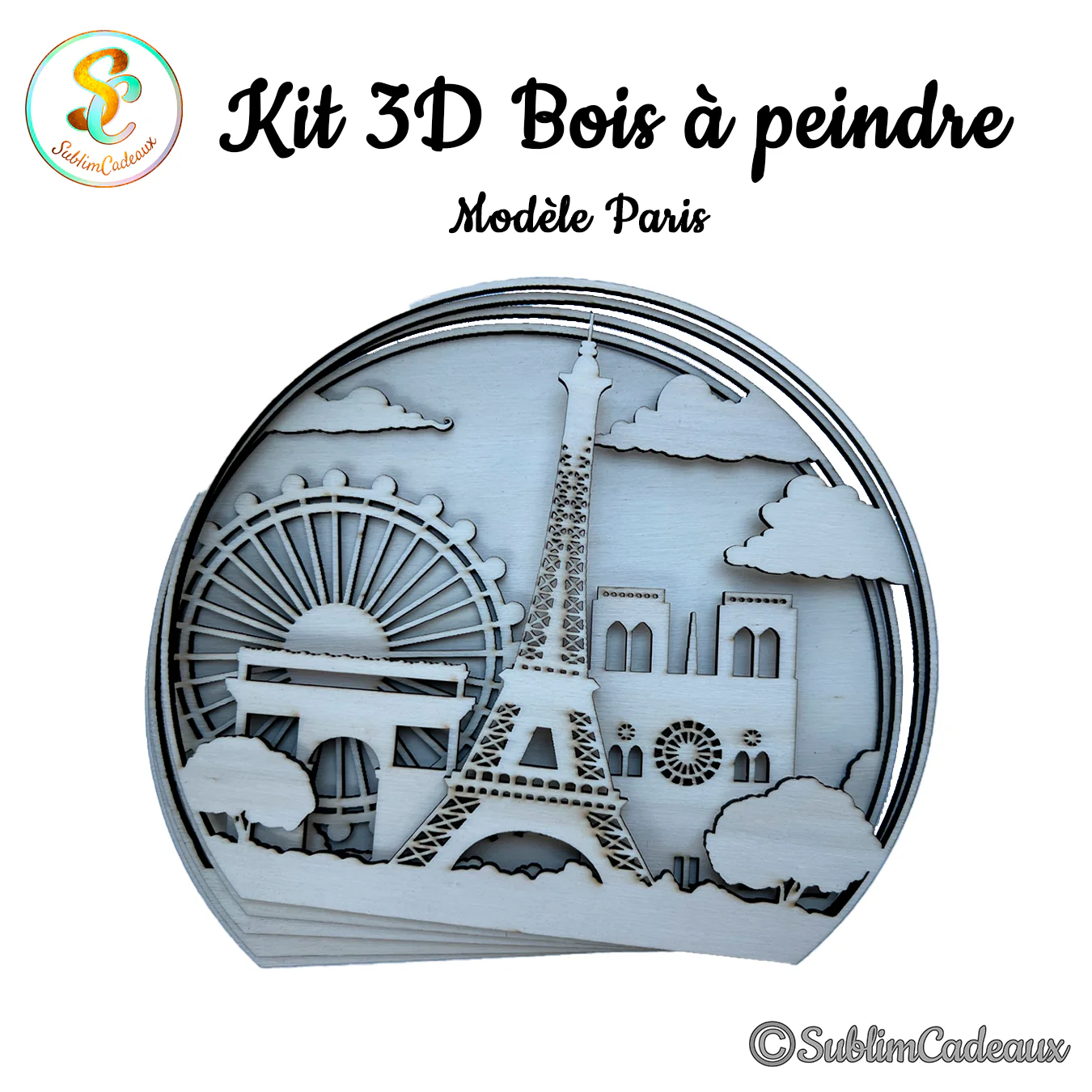 Kit 3D en bois découpé au laser, scène de Paris avec tour Eiffel, grande roue et Arc de triomphe, bois brut