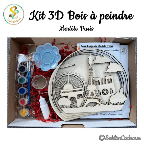Kit créatif en bois à peindre, décor de Paris découpé au laser avec tour Eiffel, grande roue et cathédrale