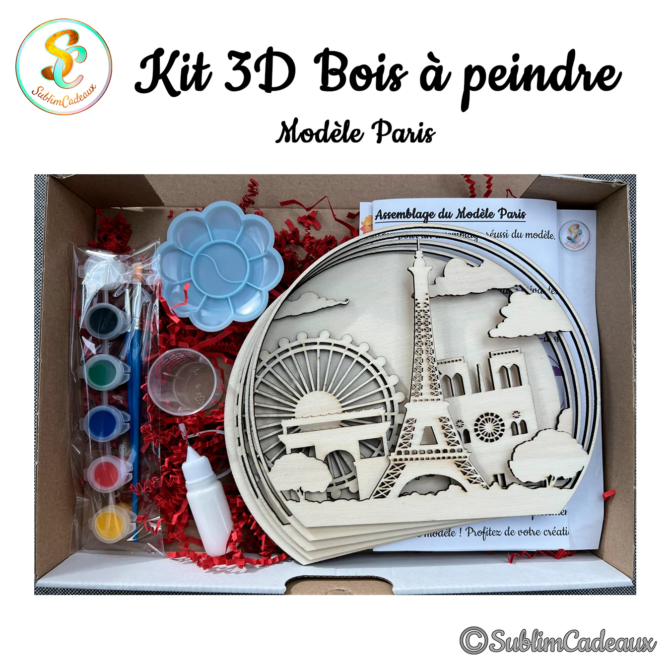 Kit créatif en bois à peindre, décor de Paris découpé au laser avec tour Eiffel, grande roue et cathédrale