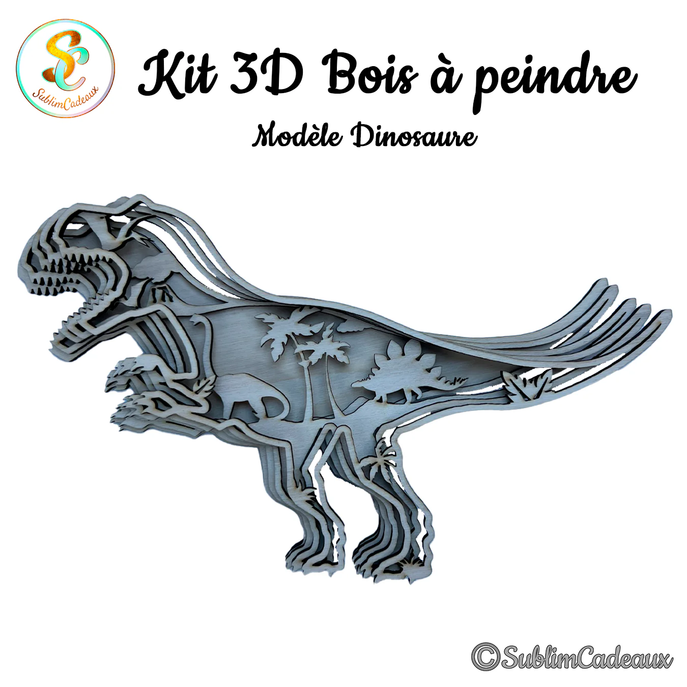 Kit 3D en bois découpé au laser en forme de tyrannosaure rugissant, petits dinosaures et palmiers, bois brut