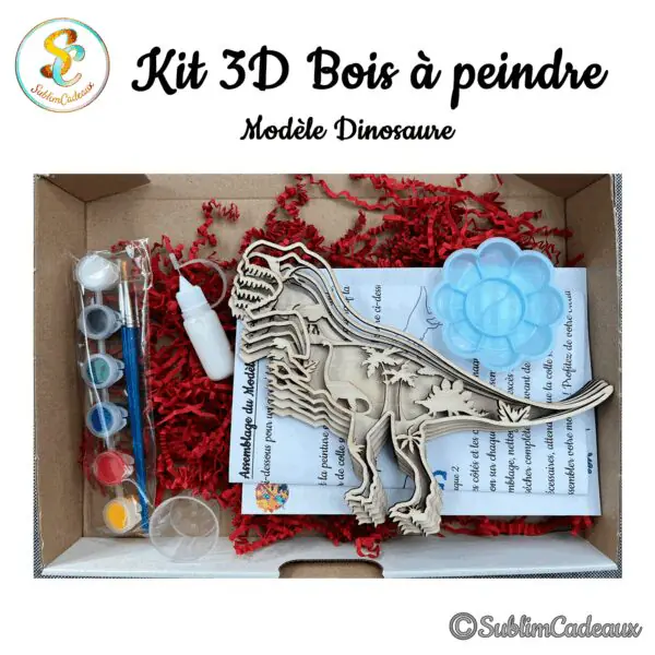 Loisir créatif en bois à peindre en forme de dinosaure T-rex découpé au laser, avec pots de peinture et pinceau