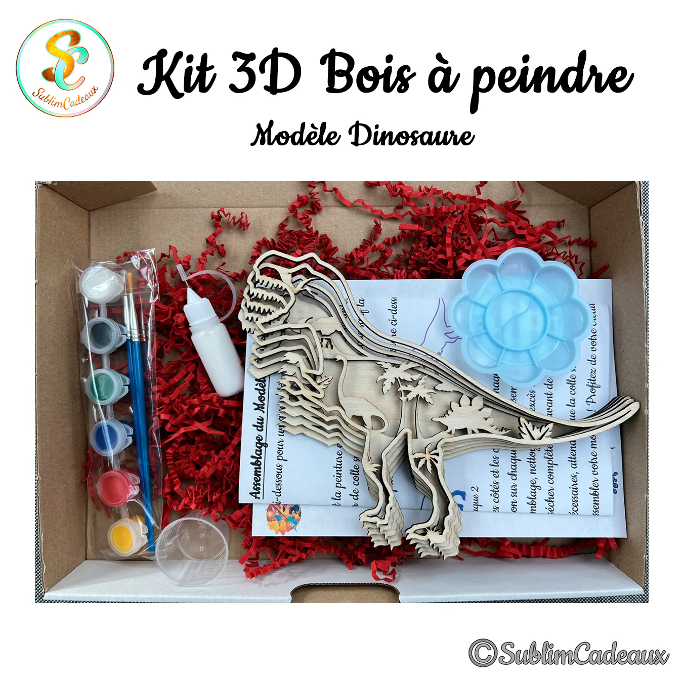 Loisir créatif en bois à peindre en forme de dinosaure T-rex découpé au laser, avec pots de peinture et pinceau